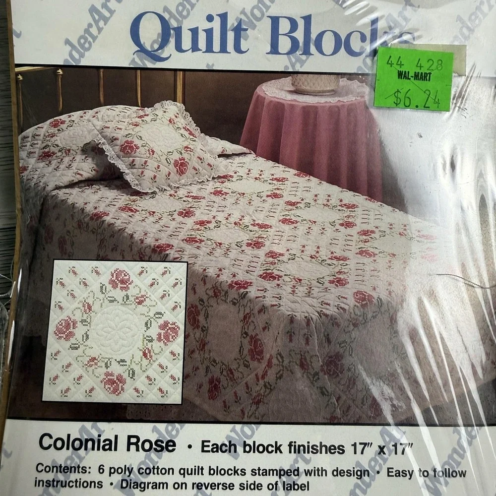 WonderArt Colonial Rose Quilt Block Kit 6 Stamped 17x17 Blocks USA Craft OPEN